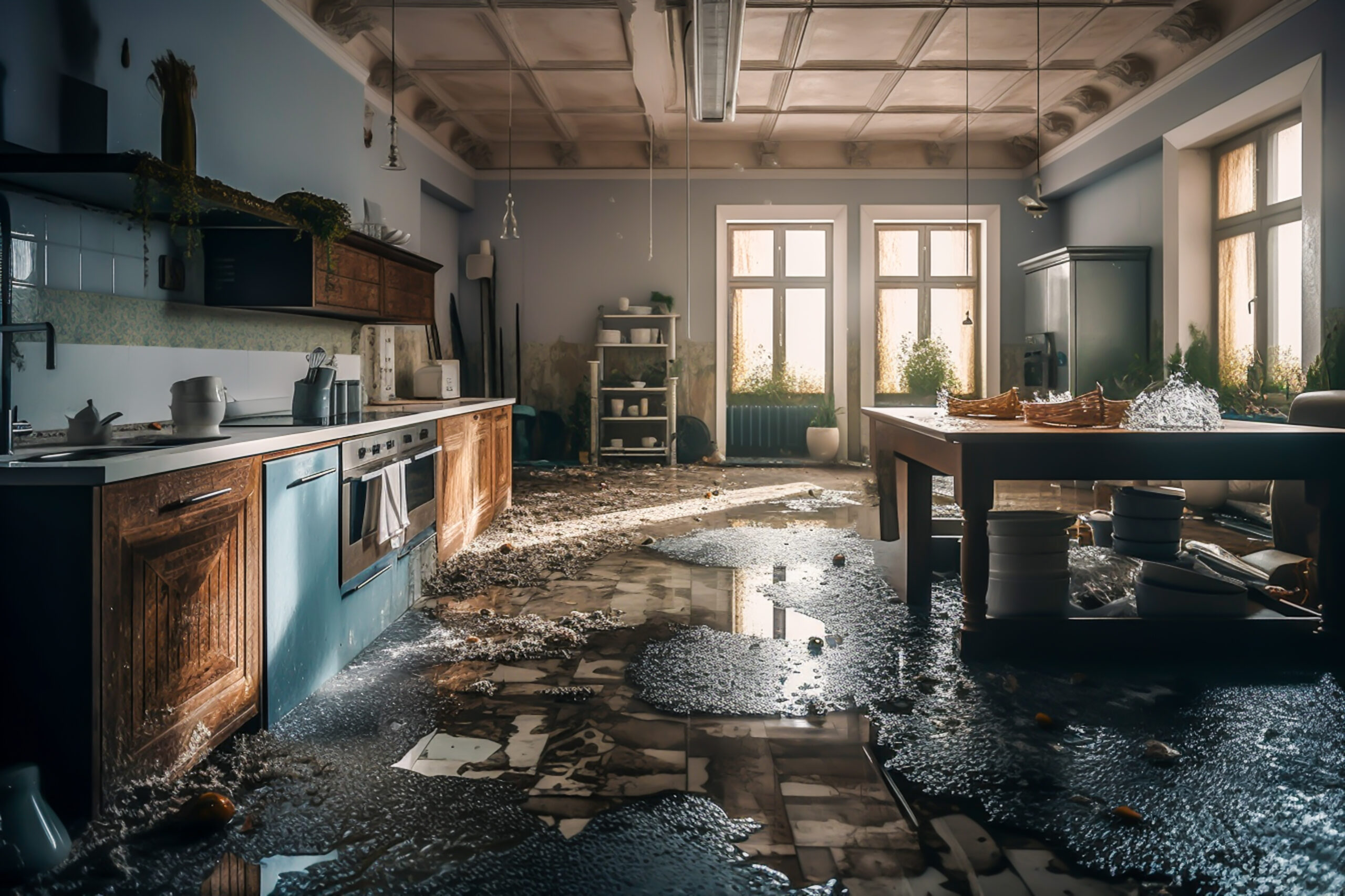 Interior of home kitchen damaged by a flood water full of goods, generative ai