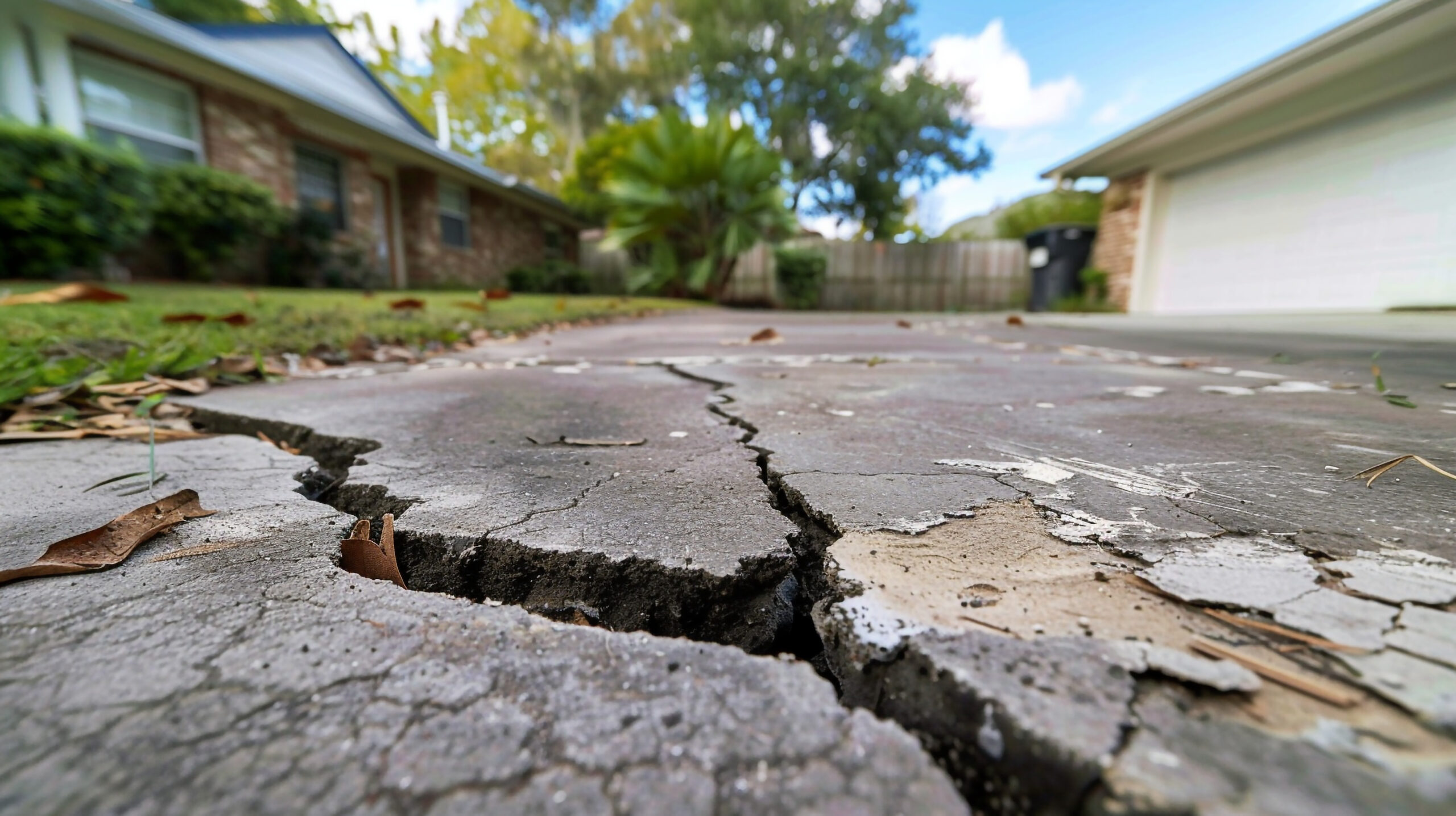 Concrete driveway cracked and settling. Home inspection, slab jacking and sidewalk repair concept